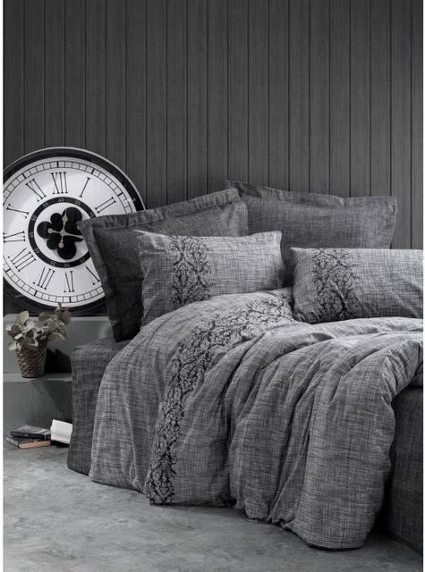 Bettwäsche-Set aus 100% Baumwolle mit floralem Naturmuster in Grau, bestehend aus 1 Bettbezug (Breite: 220 cm) und 2 Kissenbezügen (60 x 60 cm) - Bild 1