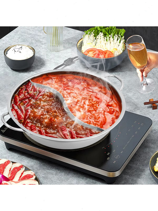 Bymaocar Hot Pot mit Trennwand aus 304 Edelstahl und Glasdeckel in Silber, Kochtopf-Set für Induktion, Gas und Backofen - Bild 6