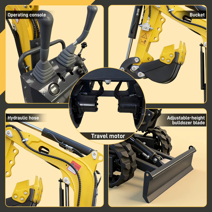 MMS 5-in-1 Mini-Bagger mit Benzinmotor, 0,6 Tonnen, 9,25 PS, Schwenkausleger und Grabenfräse inklusive Anbaugeräten, Farbe: Gelb - Bild 2