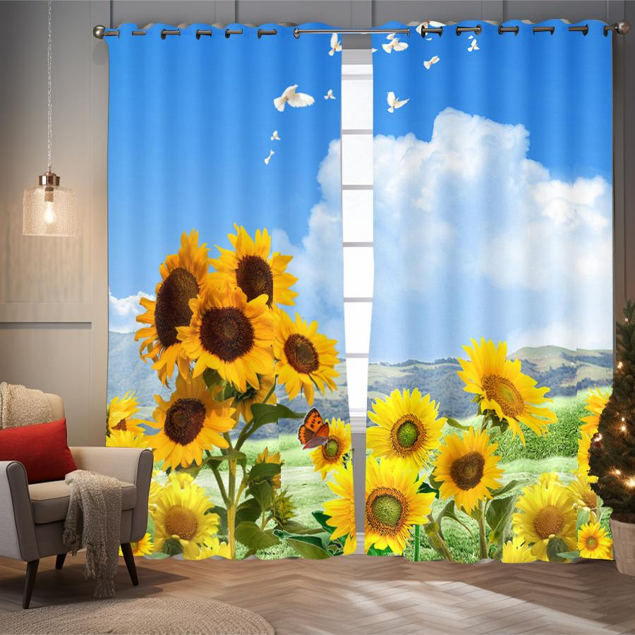 2er-Set halbtransparente Vorhänge mit Sonnenblumenmuster im Retro-Landhausstil, B: 140 cm, H: 160 cm, Mehrfarbig - Bild 2
