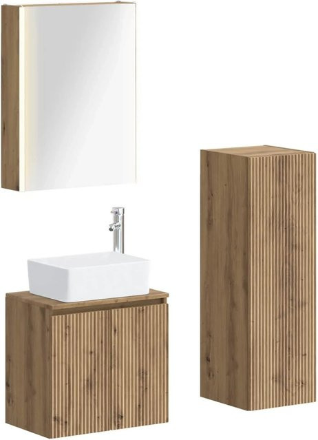 vidaXL Badezimmermöbel-Set 4-teilig in Artisan-Eiche Braun mit LED-Beleuchtung und Glas, bestehend aus Waschtischunterschrank, Spiegelschrank und Wandschränken - Bild 1