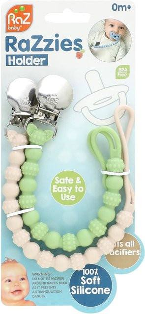 RaZzies Schnullerhalter Set aus Silikon und Edelstahl, 2er Pack, Grün/Beige/Weiß, BPA-frei - Bild 1