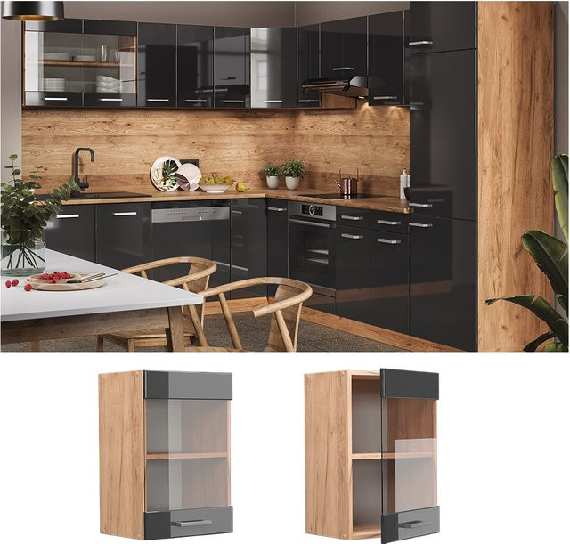 Vicco R-Line Hängeglasschrank Küchenschrank in Anthrazit und Gold mit Glastüren Breite: 40 cm, Höhe: 60 cm, Tiefe: 31 cm - Bild 1