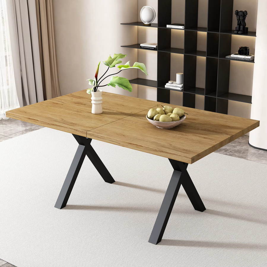 Moderner Esstisch Svintora in Eiche und Schwarz mit Kreuzbein-Design, rechteckiger Küchentisch aus MDF, B/T/H: 140 x 80 x 76 cm - Bild 5