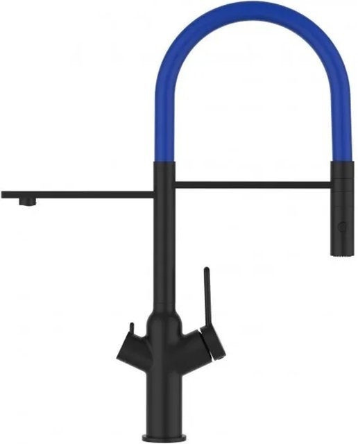 VIZIO 3-Wege Küchenarmatur mit 360 Grad schwenkbarem Auslauf und abnehmbarer 2-Strahl Handbrause in Schwarz Matt und Blau - Bild 1