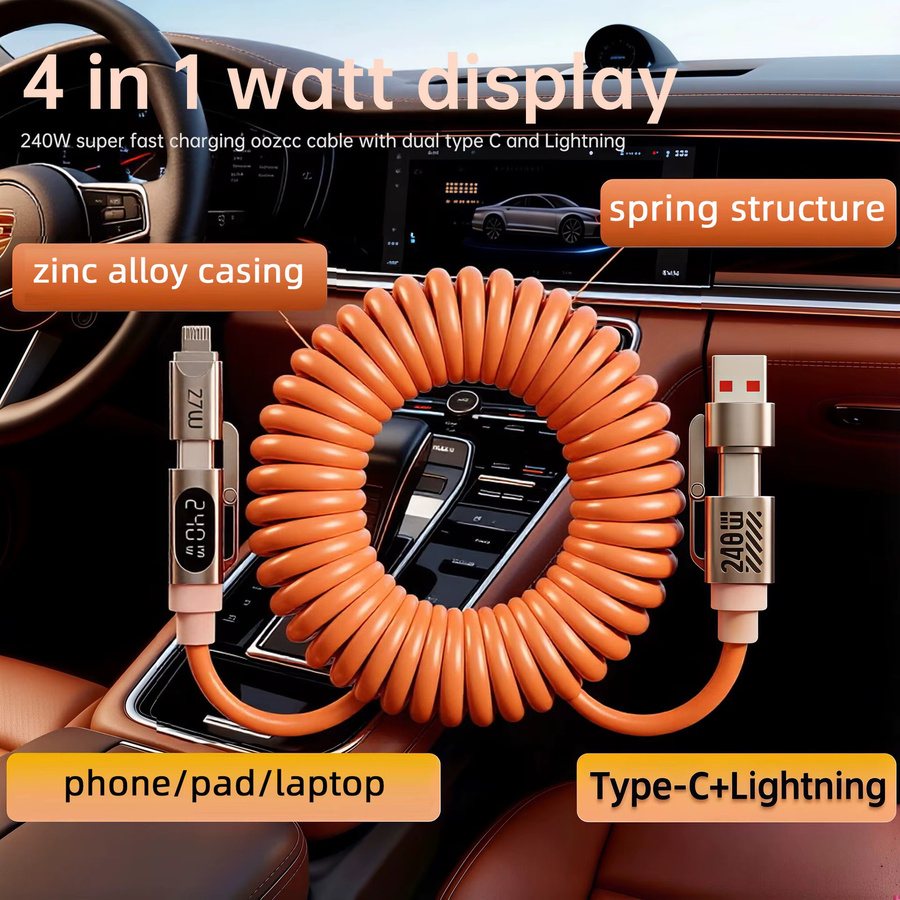 Setolgh 4-in-1 Spiralkabel mit LCD Dynamischem Display und 240W Schnellladefunktion, einziehbares USB-C Autokabel in Orange für iPhone und Samsung Galaxy, Farbe: Orange - Bild 5