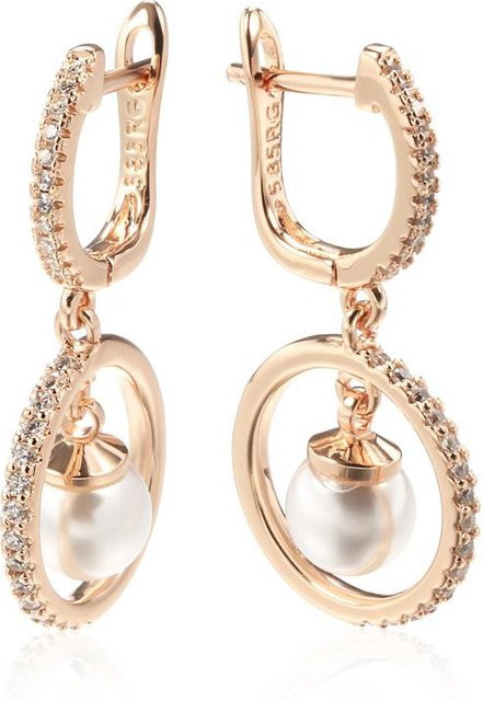 Lange Hängeohrringe Roségold, Perle, Zirkonia, Damen - Bild 1