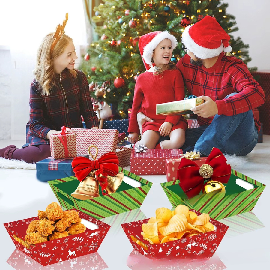 12 Stück Weihnachtsgeschenkboxen aus Pappe mit Deckel in Rot und Grün gestreift sowie mit Schneeflocken- und Rentier-Motiven - Bild 2