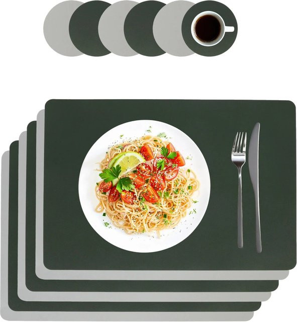 Relaxdays Platzdeckchen mit Untersetzern aus Kunstleder in Grau-Grün, 6er Set, B: 43 cm, T: 30 cm - Bild 1