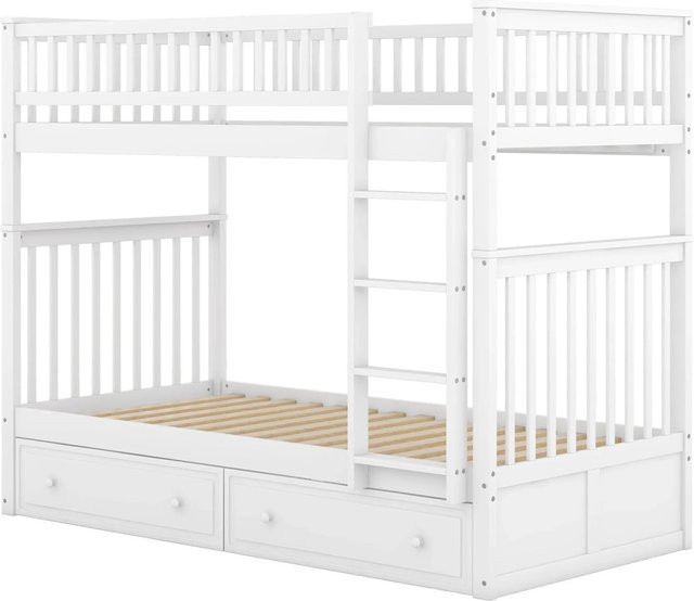 KOMHTOM Etagenbett für Kinder aus Kiefernholz und MDF mit Schubladen, Weiß, B/T/H: 90 x 200 x 160 cm - Bild 1