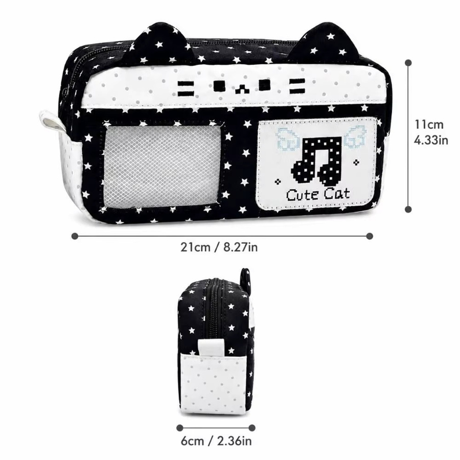 Tragbares Federmäppchen mit Pixel-Musik-Motiv und Katzenohren-Design in Schwarz-Weiß als großkapazitiver Schreibwaren-Organizer für deinen Schulbedarf - Bild 2