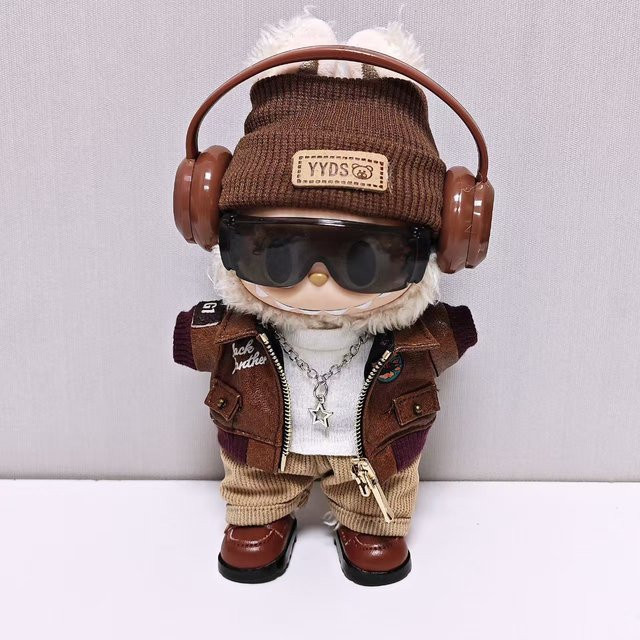 GSF Labubu Puppenkleidung 8-teiliges Retro-Lederjacken-Set in Braun für Puppen von 15 cm bis 17 cm - Bild 1