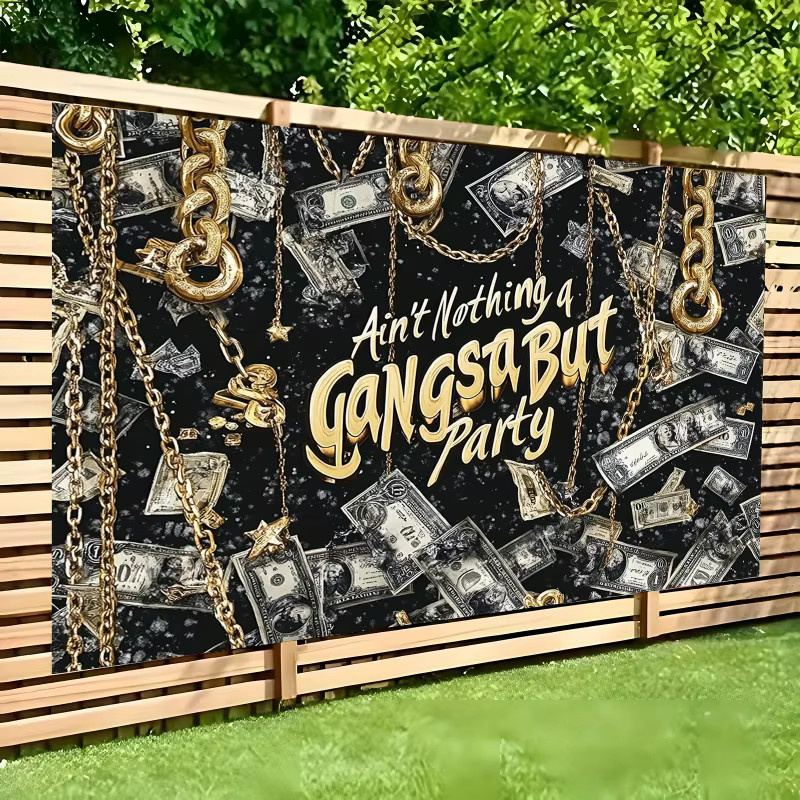 2DPlane Gang Party Hintergrundbanner mit Hip-Hop-Thema und schwarzem Geldmuster in Schwarz und Blau, ideale Dekoration für Rap-Geburtstage und Junggesellenabschiede - Bild 2