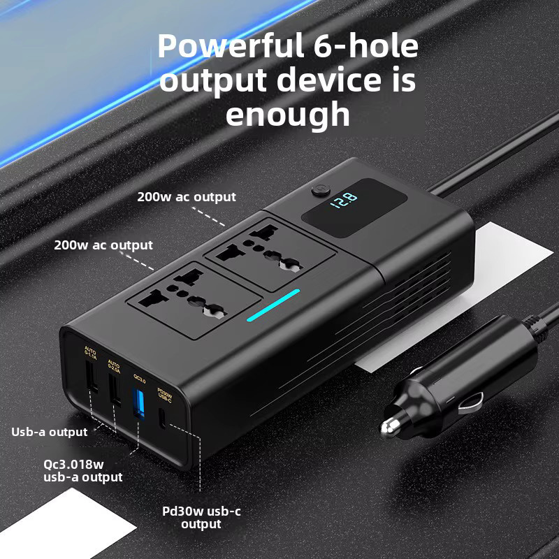 Auto Inverter DC12V zu AC220V 200W mit PD, QC3.0 und 2 USB Ports, Schnellladegerät für das Auto in Schwarz - Bild 2
