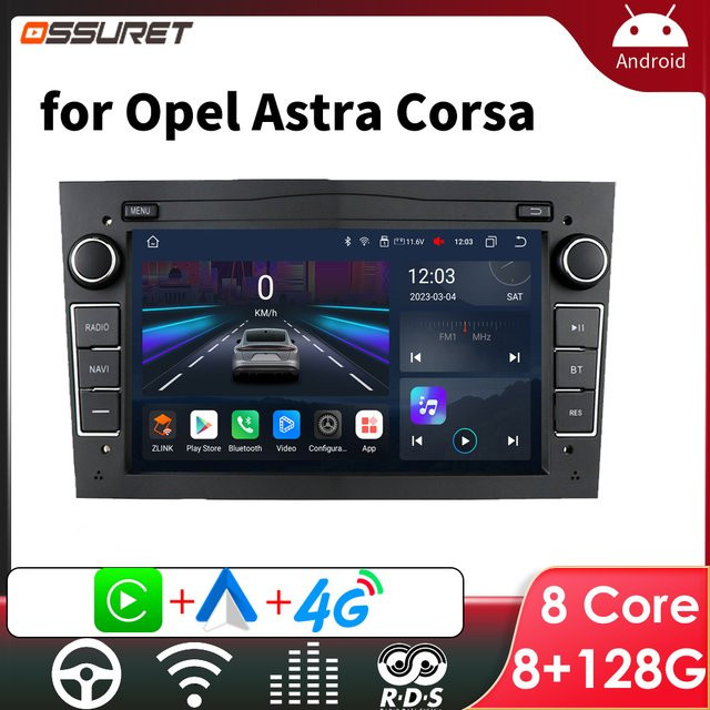 OSSURET Android Autoradio mit GPS und Carplay für Opel Astra H, Vectra, Zafira, Corsa C, D, Vivaro und Merira in Schwarz - Bild 1