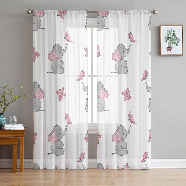 Yiran Furniture Chiffon-Vorhang mit buntem Schmetterlingsmuster in Weiß, transparent, B: 135 cm, H: 115 cm - Bild 1