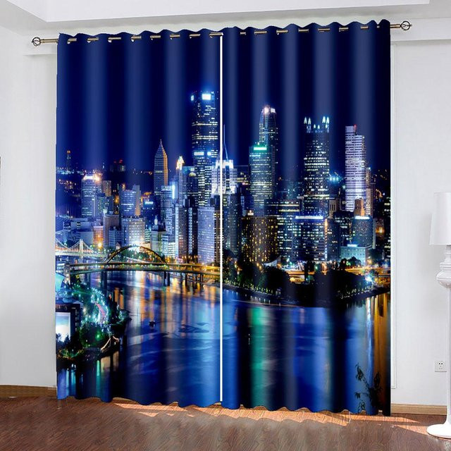 Moderne Verdunkelungsvorhangpaneele mit New York City Nachtansicht und Neon-Stadtlandschaft, 2er-Set, Mehrfarbig, B: 87 cm, H: 214 cm - Bild 1