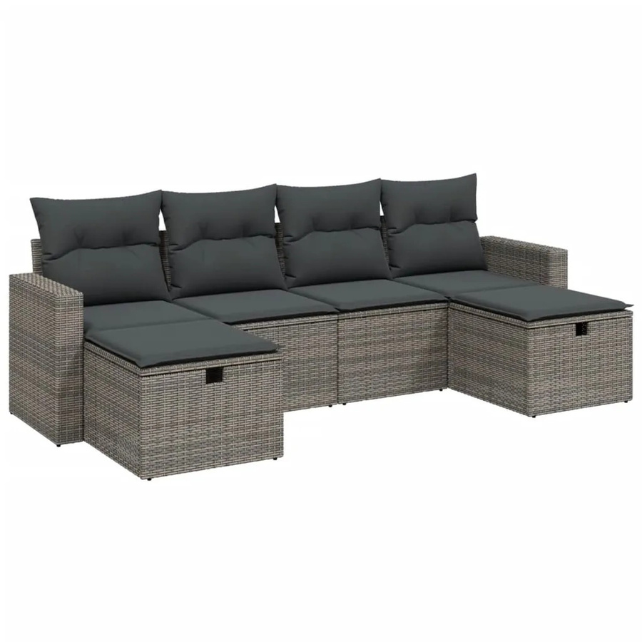 vidaXL 6-teilige Garten-Sofagarnitur in L-Form aus Polyrattan und Metall in Grau mit Kissen - Bild 2