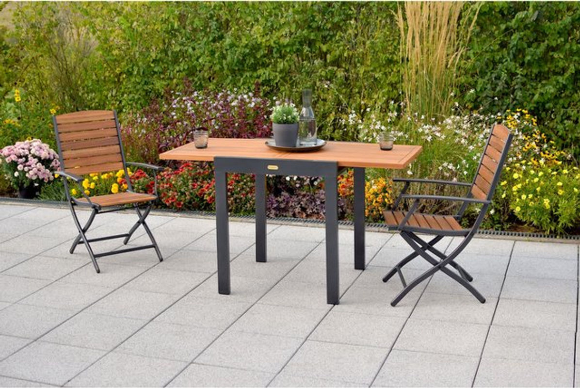 Merxx Gartenmöbelset Santorin 3-teilig aus Aluminium und Akazienholz in Braun mit ausziehbarem Tisch - Bild 2