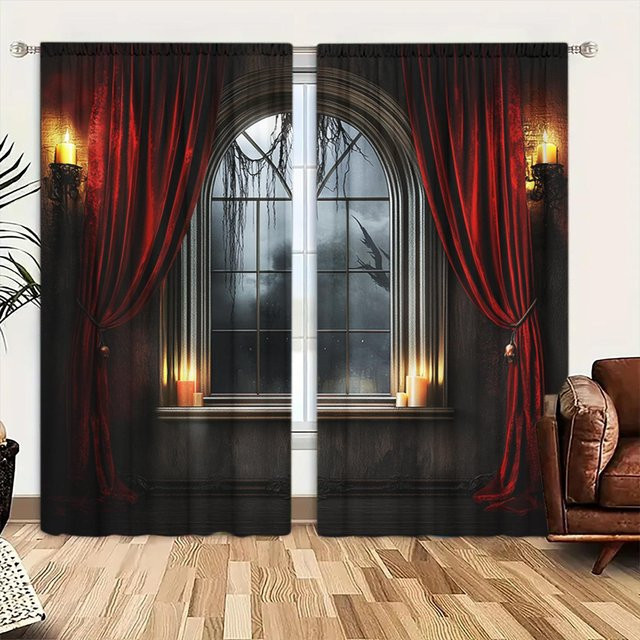 2er-Set bedruckte Vorhänge mit französischem Schlossfenster-Design von Household supplies MH, rot, halbtransparent, B: 107 cm, H: 160 cm - Bild 1