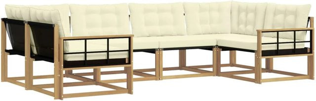 vidaXL Outdoor-Sofagarnitur L-Form aus Akazienholz mit Textilene und Kissen in Weiß und Beige - Bild 1
