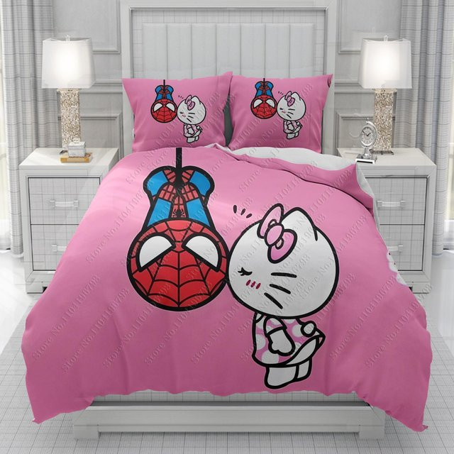Spiderman und Hello Kitty Bettwäsche-Set mit Cartoon-Druck, 2-teilig, Farbe: Pink, B/H: 140 x 210 cm - Bild 1