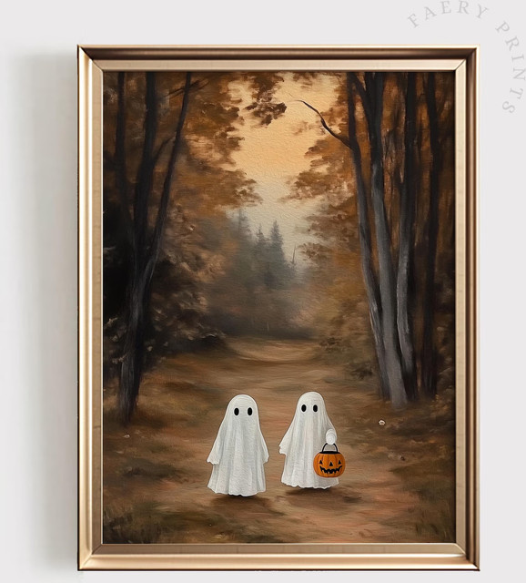 Vintage Geister in der Herbstlandschaft Wandkunst als Leinwanddruck in Mehrfarben - Bild 1