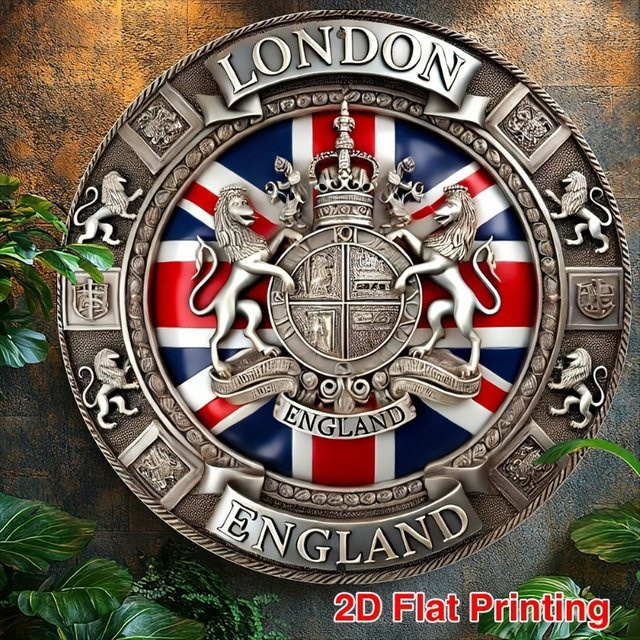 Rundes Aluminium-Wandschild von Potdemiel im Vintage-Stil mit Union Jack-Design in Rot und Blau - Bild 1