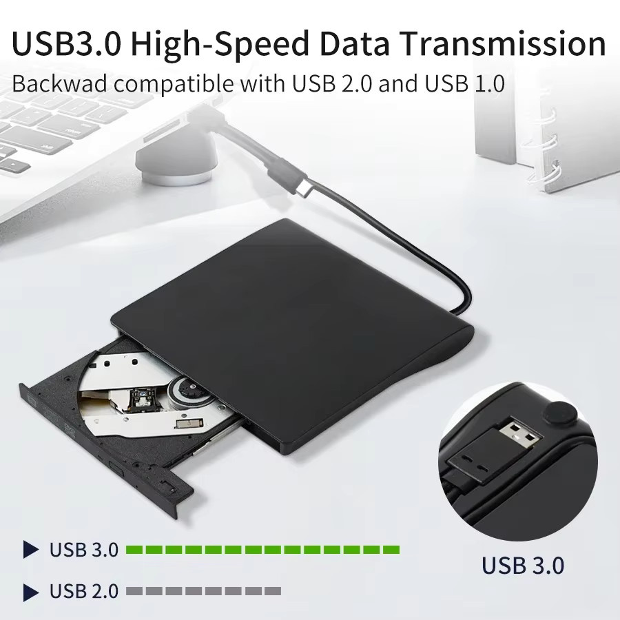 GGBEE 2-in-1 Externes CD/DVD-Laufwerk mit USB 3.0 und USB-C, CD/DVD-Player und Brenner in Schwarz - Bild 2