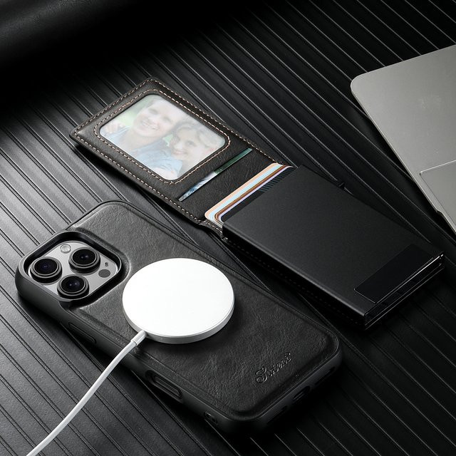 Suteni Magnetische Kunstleder-Brieftasche mit Kartenhalter und Knopfverschluss für iPhone 17 Max, 17 Plus, 16 Pro, 15, 14 in Braun mit kabelloser Ladefunktion - Bild 1