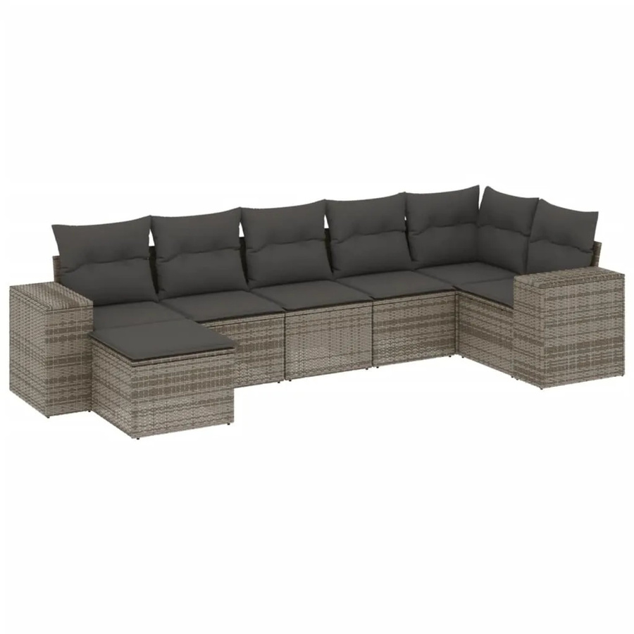 vidaXL 7-teilige Garten-Sofagarnitur in L-Form aus grauem Poly-Rattan mit Kissen und Ottoman - Bild 2