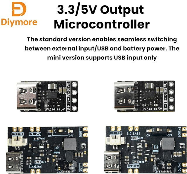 diymore USV-Modul Mikrocontroller-basiertes Lithium-Batterie-Lademodul mit USB-C-Schnittstelle, 3,3V/5V Ausgang, 1,5A/1A, Schwarz - Bild 1