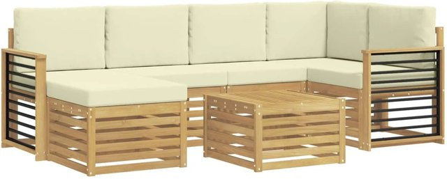 vidaXL Outdoor-Sofagarnitur 7-teilig in L-Form aus Akazienholz mit Polstern in Weiß und Beige - Bild 1