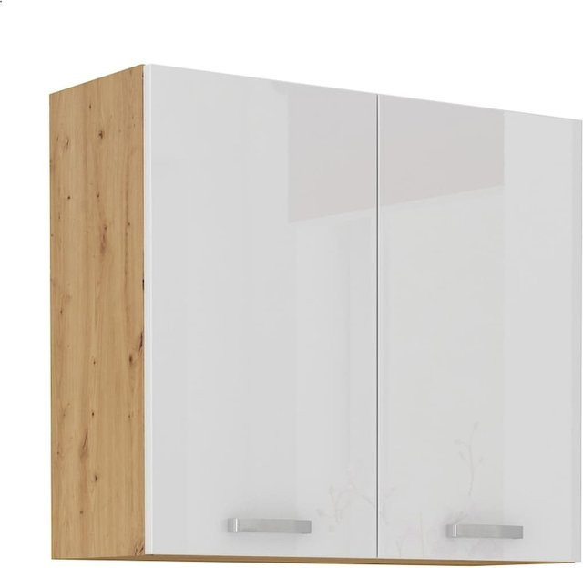 Hängeschrank Küchen-Preisbombe in Eiche und Weiß Hochglanz mit 2 Einlegböden, Breite: 80 cm - Bild 1