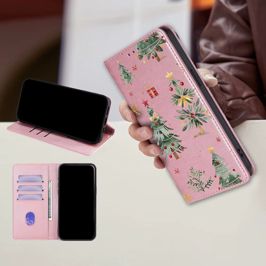 Leder Brieftasche Hülle mit Weihnachtsbaummuster für Samsung Galaxy S25 Ultra S25 FE S24 S23 S22 Plus Flip Cover A56 A36 A26 A17 A07 in Braun oder Pink - Bild 3