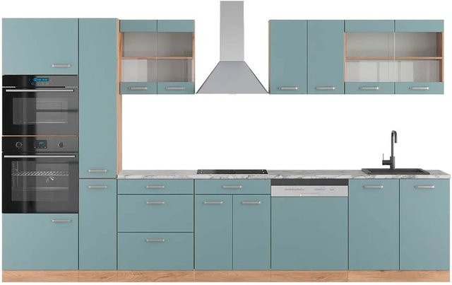 Vicco R-Line Küchenzeile Blau-Grau und Goldkraft Eiche mit Hochschrank und Marmor-Arbeitsplatte, Breite: 350 cm - Bild 1