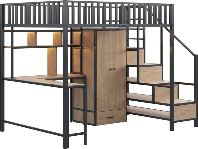 Merax Hochbett mit Schreibtisch und LED-Beleuchtung in Schwarz, B/T/H: 200 x 140 x 175 cm - Bild 1
