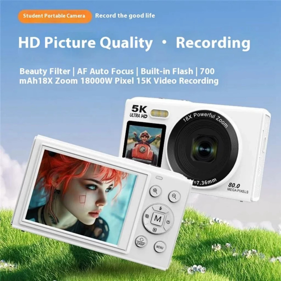 Bytelike Digitalkamera in Weiß mit 64GB Karte und USB Reader, 5K UHD 8000W Pixel, 18X Zoom und Autofokus für Reise und Alltag - Bild 5