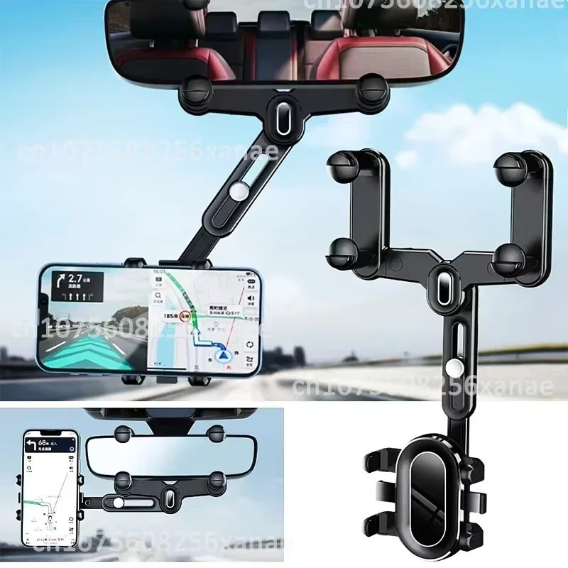 360 Grad drehbarer und einziehbarer Rückspiegel-Telefonhalter für das Auto in Schwarz - Bild 5