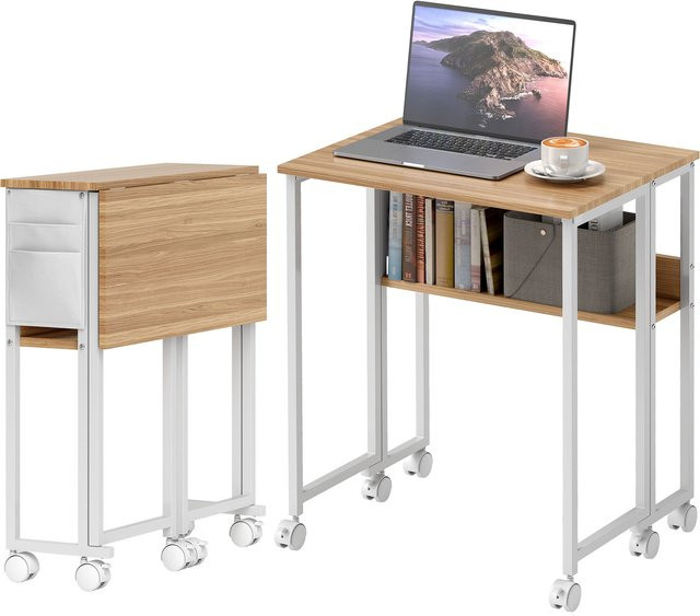 HOMCOM Klappschreibtisch mit Rollen und Regal in Natur Braun, platzsparender Computertisch mit Aufbewahrungstasche für dein Home Office, Breite: 63 cm - Bild 1
