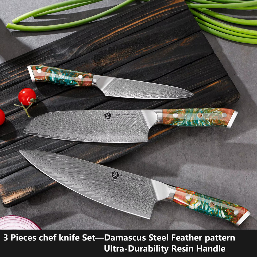 WILDMOK 3-teiliges professionelles Kochmesser-Set aus VG10 Damaszener Stahl mit orangefarbenem Harzgriff und Vollmetallgriff in Multicolour - Bild 2