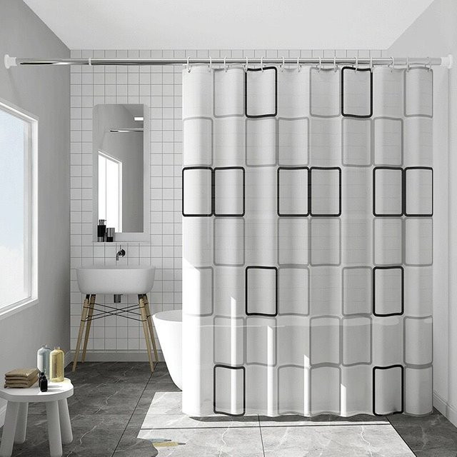 Wasserdichter PEVA Duschvorhang mit geometrischem Design in Schwarz-Weiß inklusive Haken, Höhe: 180 cm, Breite: 80 cm - Bild 1