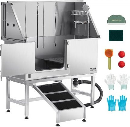 VEVOR Hundewaschstation aus Edelstahl in Silber mit Rampe, Wasserfilterplatte, Wasserhahn, Duschkopf und Seifenhalter für Haustiere, B/T/H: 127,0 x 58,0 x 149,5 cm (linke Tür) - Bild 1