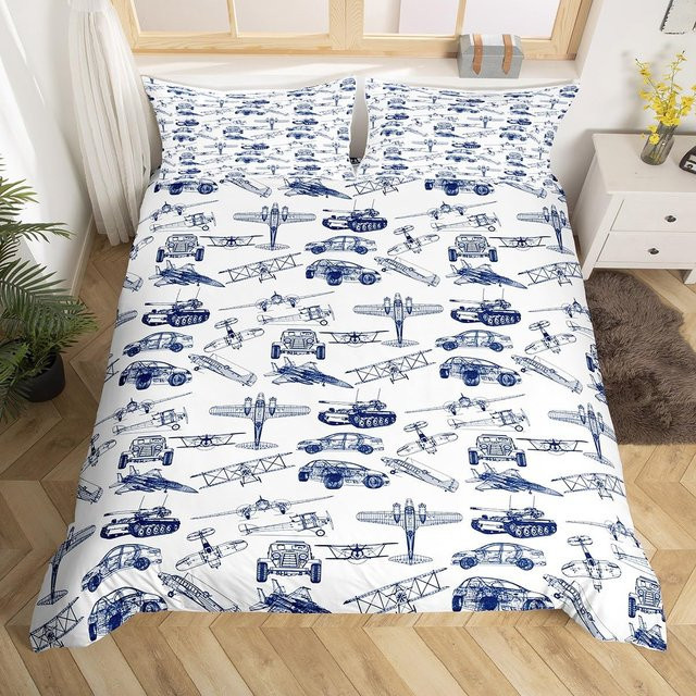 Binchi Outdoor Product Bettwäscheset mit Flugzeug-Motiv in Blau, Rot und Weiß, 3-teilig, B/H: 150 x 200 cm - Bild 1