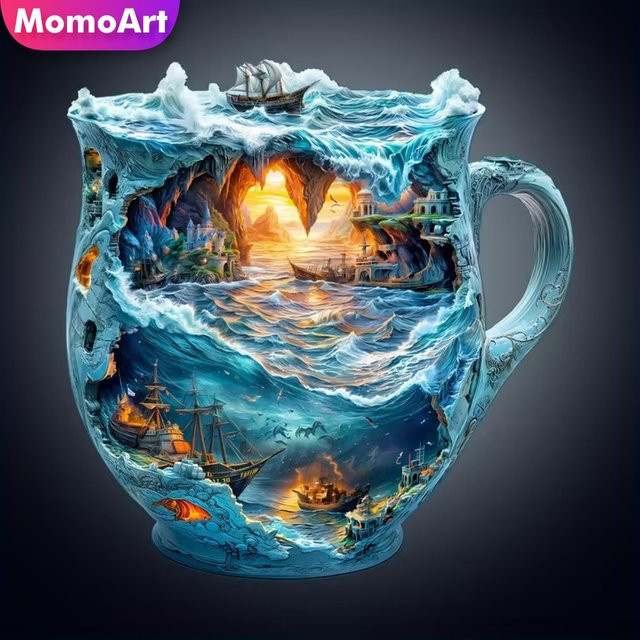Momoart Diamant-Malerei Tasse mit maritimer Landschaft, DIY Acryl Mosaik Set, Sonnenuntergang und Schiff, Mehrfarbig, Durchmesser: 20 cm - Bild 1