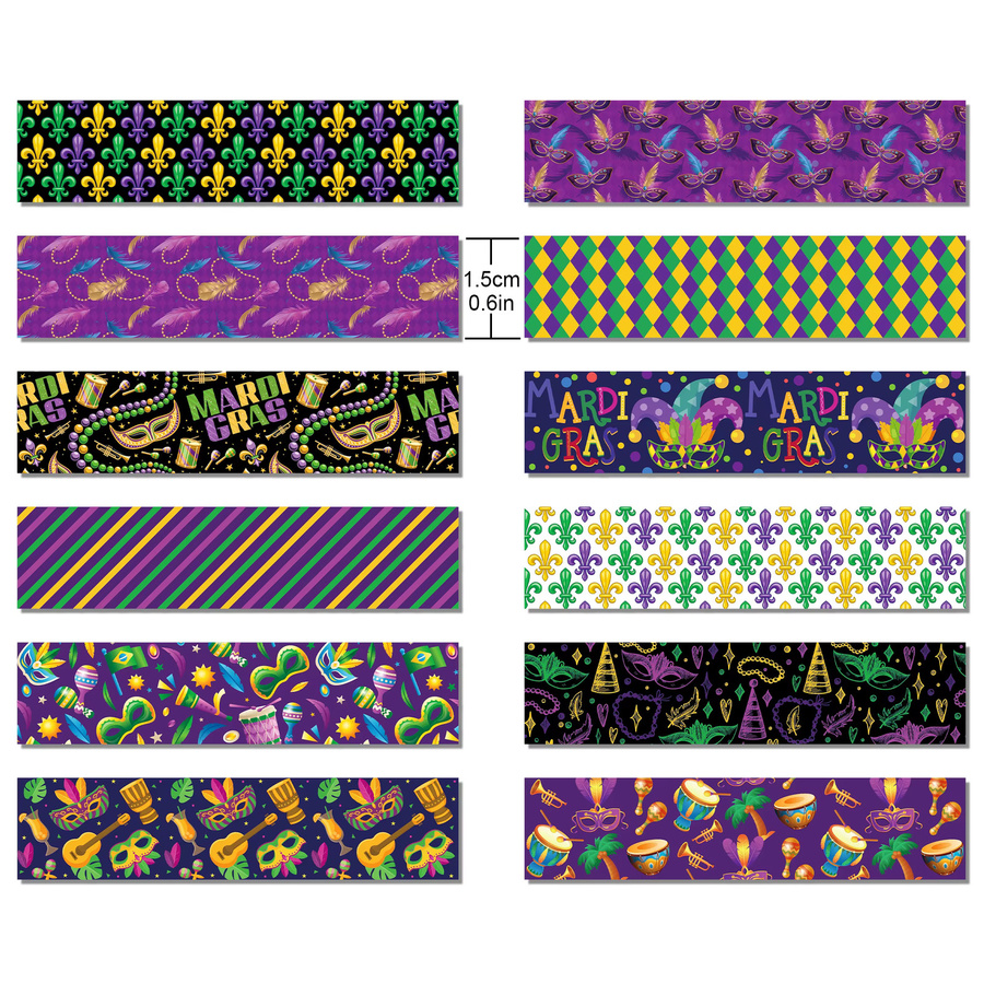 12er-Pack Mardi Gras Washi Tape in Lila und Multicolour mit Schmuck- und Maskenmustern für DIY-Bastelarbeiten und Scrapbooking - Bild 4