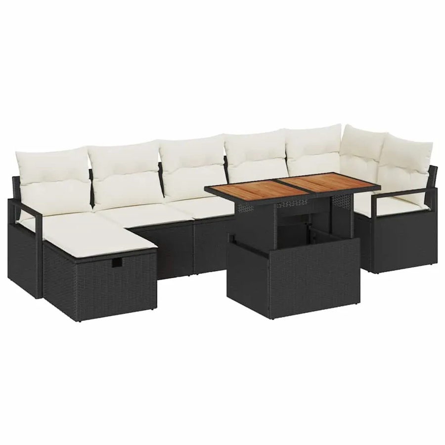 vidaXL Garten-Sofa-Set aus Poly-Rattan und Akazienholz in Schwarz, 8-teiliges L-Shape Set mit Kissen und Stauraumfunktion - Bild 2