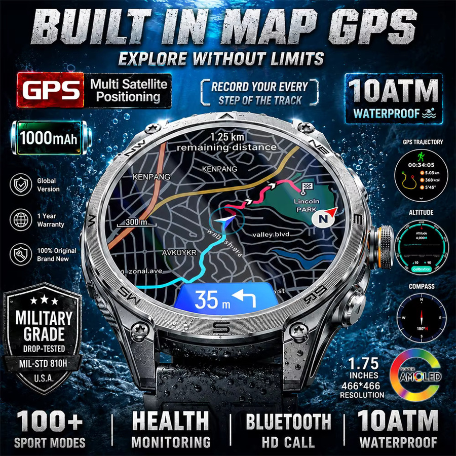 GUHUAVMI Smartwatch in Schwarz mit 1,75 Zoll AMOLED Display, integriertem GPS, Kartenfunktion, Bluetooth-Anruffunktion und 10 ATM Wasserdichtigkeit für Damen und Herren - Bild 1