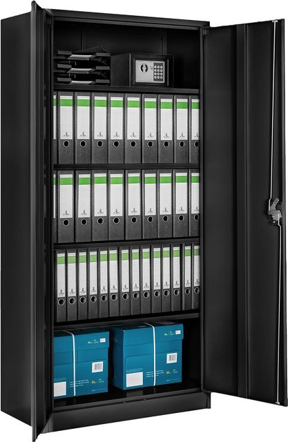 tectake Aktenschrank aus pulverbeschichtetem Stahl mit 2 Flügeltüren und höhenverstellbaren Einlegeböden, Schwarz, B/T/H: 90 x 40 x 180 cm - Bild 1