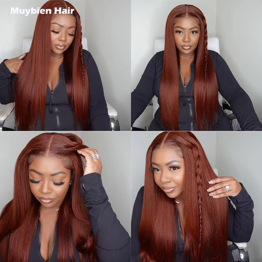 Muybien Hair Kinky Straight Lace-Perücke aus Echthaar, rötlich-braun, Damen - Bild 4